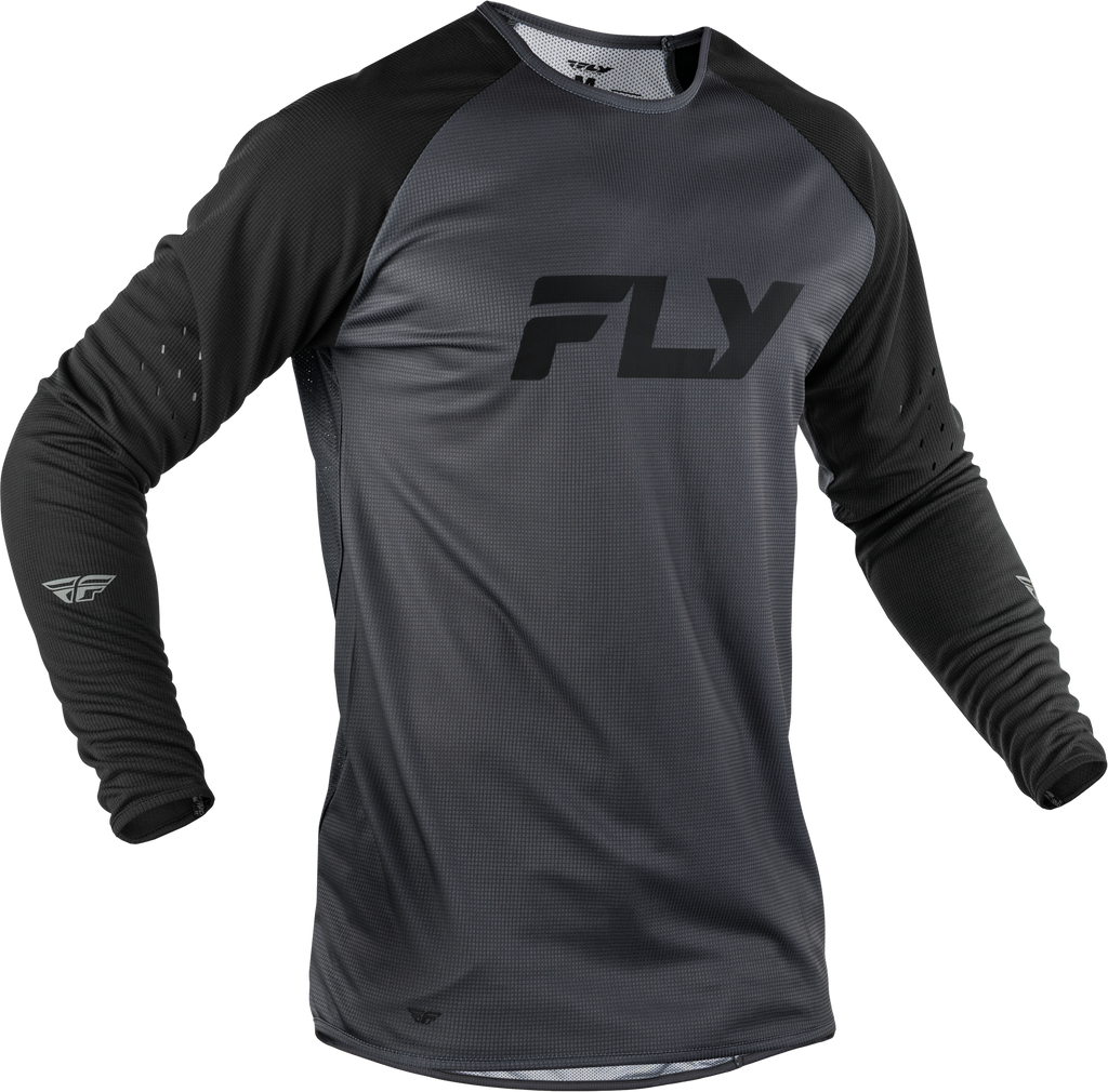 Fly MTB Gravity long sleeve jersey in grey and black, showing the fitted cycling jersey with long sleeves and breathable fabric.