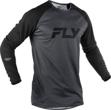 Load image into Gallery viewer, Fly MTB Gravity Long Sleeve Jersey in grey and black, showing the breathable fabric and fitted design for mountain biking.