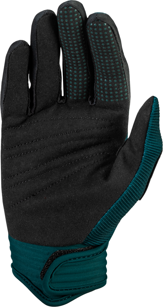 Fly Racing F 16 gloves in teal and white, showing close-up of lightweight motorcycle riding gloves with textured grip details.