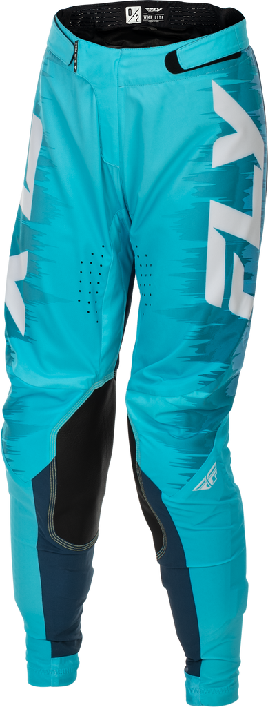 Fly Racing women's Lite pants in aqua, navy, and white, size 0/02, featuring lightweight durable riding gear.