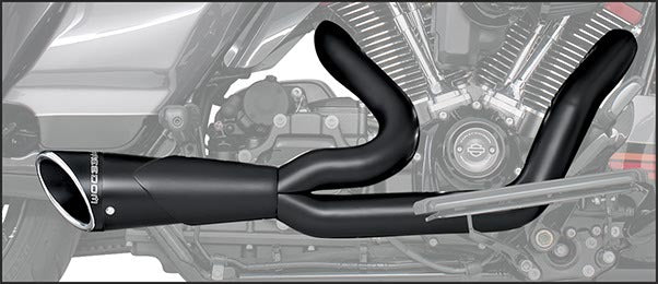 Freedom Combat 2-1 Shorty exhaust in black with chrome tip for Harley FLT models, 2017 and up, motorcycle exhaust system