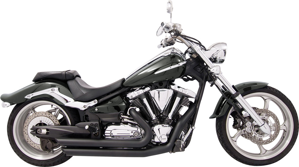 Black Freedom Exhaust Amendment for V-Star 1300 motorcycle, showing the sleek exhaust pipe and branding details.