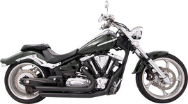 Black Freedom Exhaust Amendment for V-Star 1300 motorcycle, showing the sleek exhaust pipe and branding details.