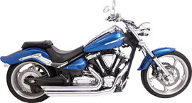 Freedom Exhaust Amendment for Yamaha V-Star 1300 motorcycle, showing the sleek chrome exhaust pipe and branding details.