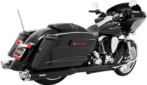 Freedom Racing duals exhaust with black finish and chrome tips for bagger motorcycles, model 82-00273.