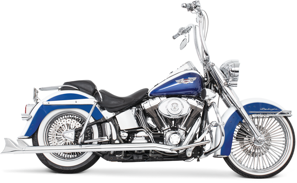 Chrome Freedom Sharktail Duals exhaust for Softail 97-06, 2.5-inch ODX32, featuring sleek, polished chrome finish.
