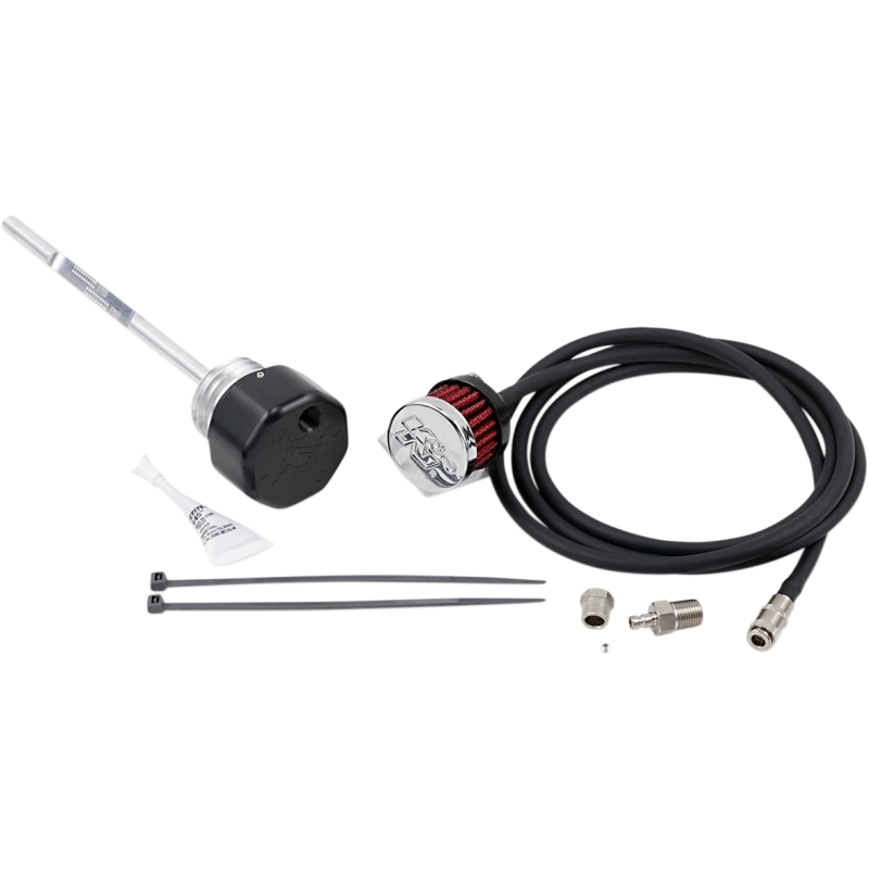 Fueling Performance vented dipstick kit installed on black Harley Davidson M8 Softail engine, showing the engine and dipstick details.