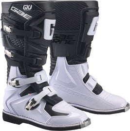 Gaerne GX-J motorcycle boots in black and white, size 02, featuring sturdy design and protective features for riding.