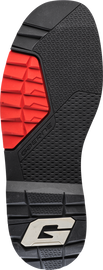 Pair of Gaerne SG22 motorcycle boot soles in black and red, size 13, showing tread pattern and sole design.