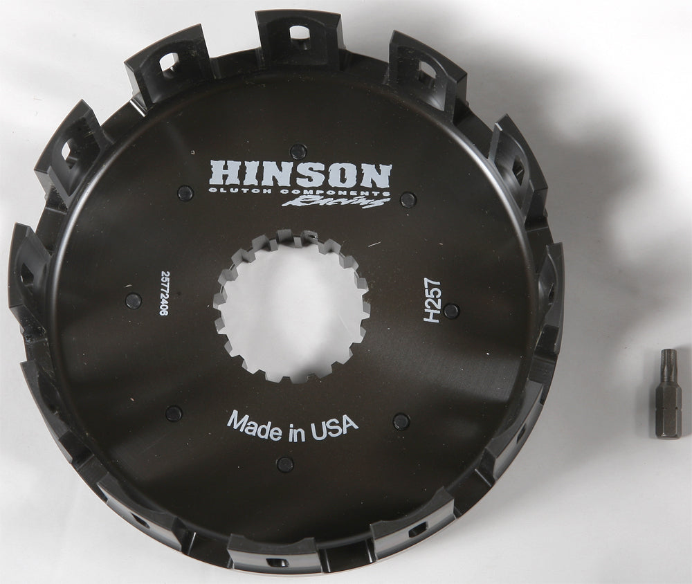 Hinson billet clutch basket for Suzuki and Kawasaki motorcycles, showing a polished metal clutch component designed for durability.