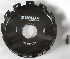 Hinson billet clutch basket for Suzuki and Kawasaki motorcycles, showing a polished metal clutch component designed for durability.