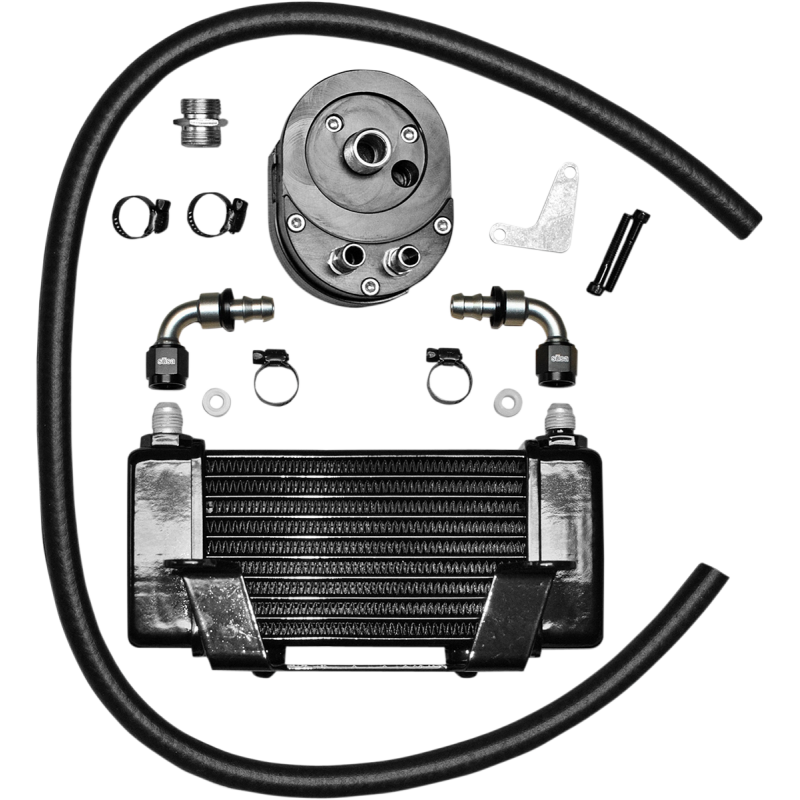 Jagg oil cooler engine component installed on low mount Harley Davidson motorcycle models, designed for efficient cooling.