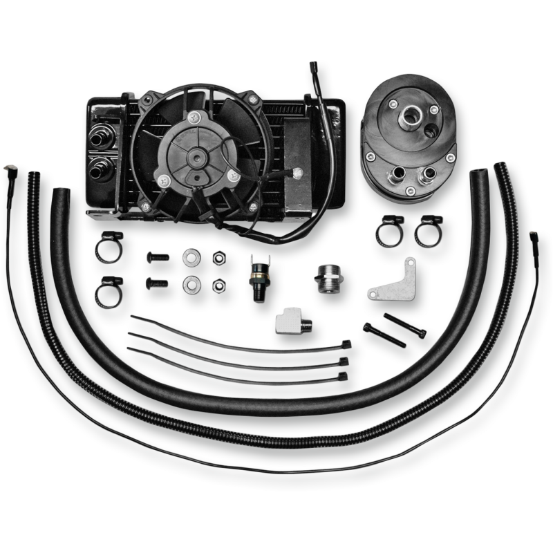 Jagg engine oil cooler with low-mount fan assist for Harley Bagger motorcycles 1999-2016, installed on a Harley bike engine.