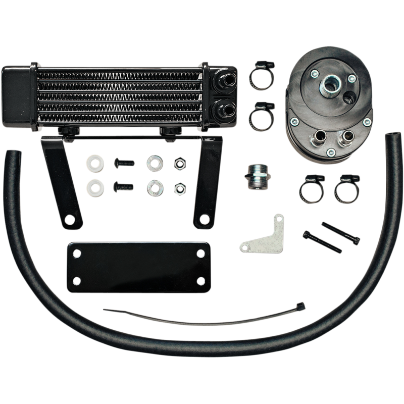 Jagg 10-row vertical mount engine oil cooler for Harley Davidson models, durable aluminum construction, universal fit.