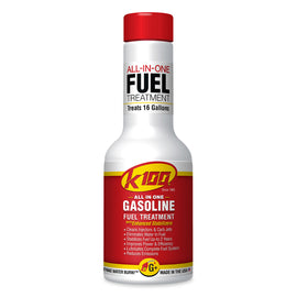 K100 Gas Treatment with Revitalizer and Octane Booster, chemical bottle for fuel performance and stabilization.