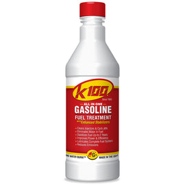 K100 Gas Treatment with Revitalizer and Octane Booster, chemical bottle for fuel stabilization and performance enhancement.