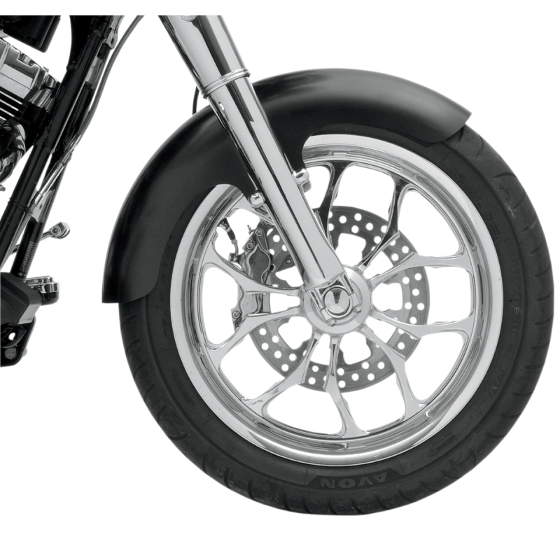KLOCK WERKS Thickster Hugger front fender for Harley Davidson bagger motorcycles, black steel, with mounting hardware.