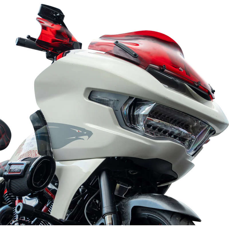 KLOCK WERKS flare hand guards with red cable clutch for Harley Davidson models, showcasing durable motorcycle hand controls.