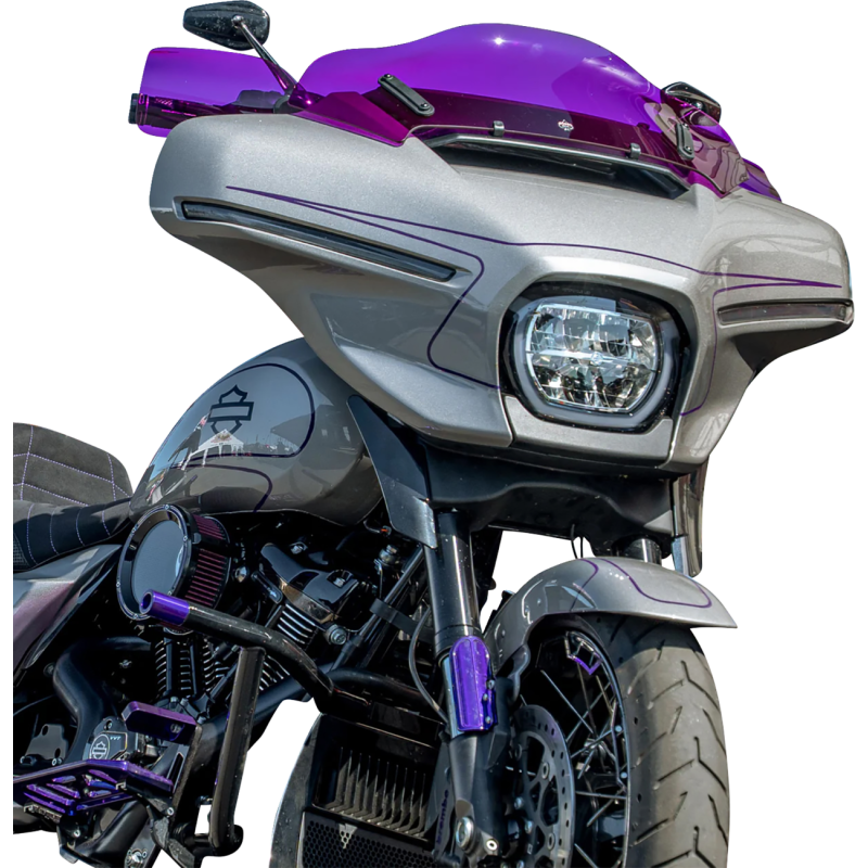KLOCK WERKS flare hand guards with red cables on Harley Davidson motorcycle handle controls, designed for model compatibility.