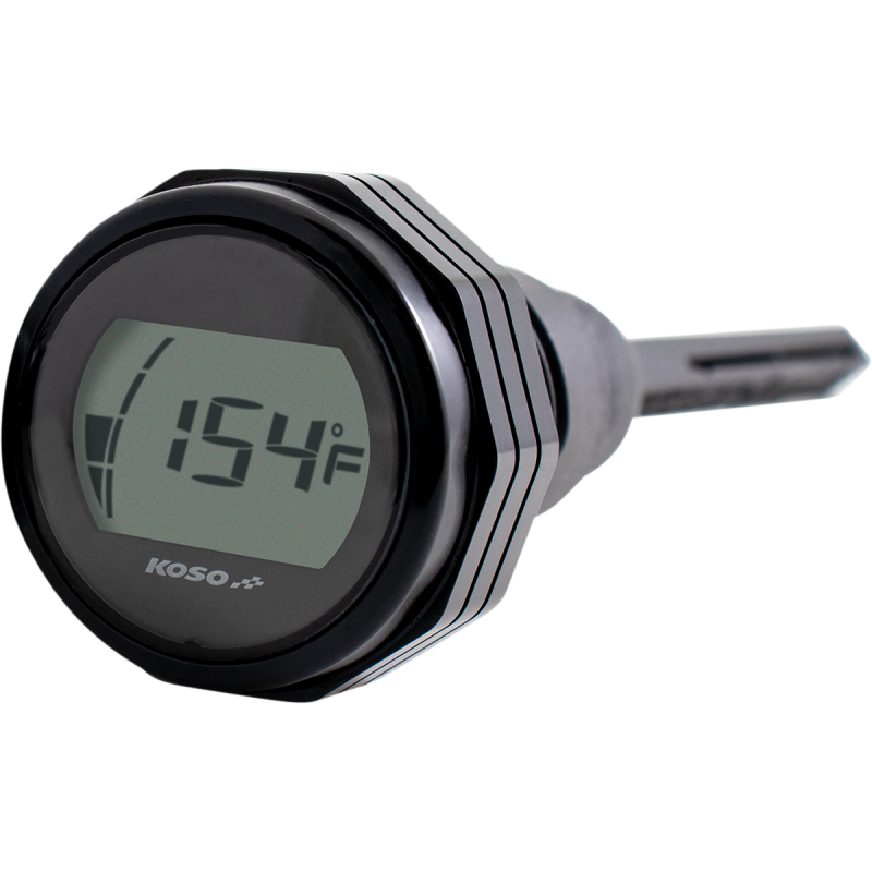 KOSO America Temp Oil Dipstick for Harley Davidson models, chrome oil tank dipstick with measurement markings, in packaging