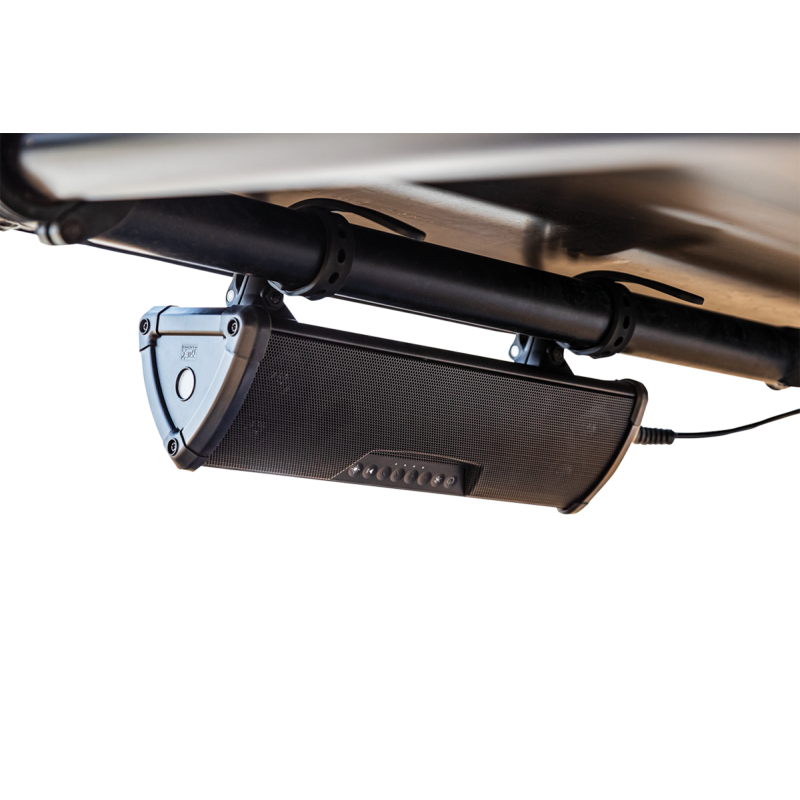 Kuryakyn Wanderbar portable 14-inch soundbar for audio, showcasing the sleek black design and speaker grille.