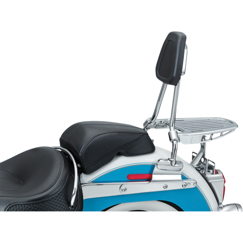 Kuryakyn Sissy Bar Kit in chrome for Harley Davidson Softail models 2000-2017, featuring a comfortable seat and stylish design.