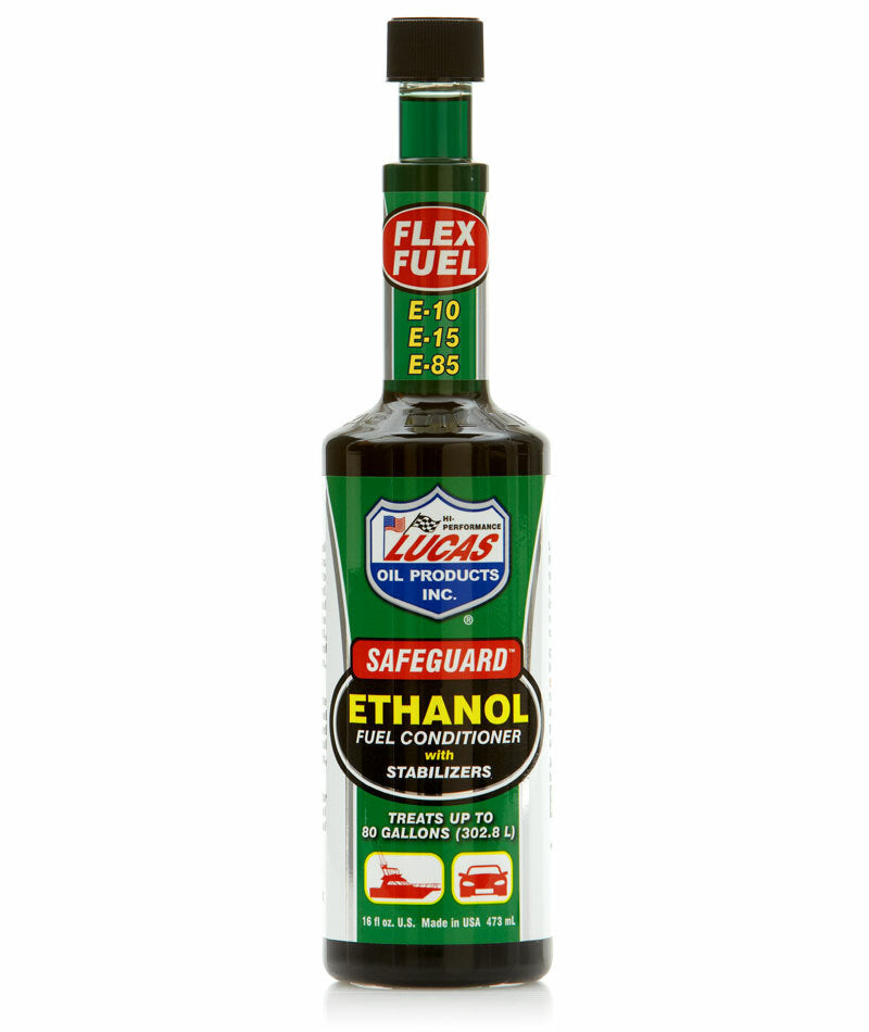 LUCAS Ethanol Fuel Conditioner 16oz bottle, a chemical product for fuel stabilization, shown with multiple bottles in a case.