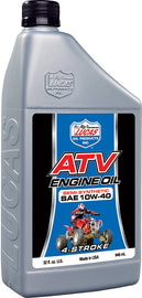 LUCAS Semi-Syn ATV Oil 10W-40 4T in a 1-quart bottle, shown with six bottles in a case, for motorcycle and ATV engines.