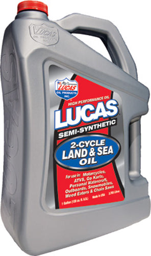LUCAS Semi-Syn Land/Sea Oil 2T, 1-gallon bottle, part of a 4-case pack, suitable for marine and land engine use.