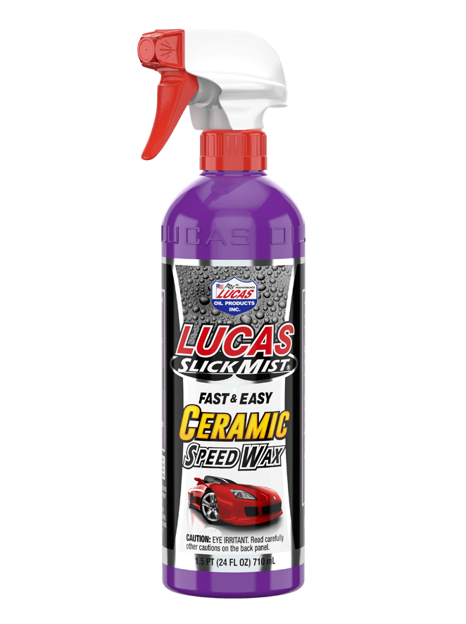 LUCAS Slick Mist Ceramic Speed Wax 24oz bottle, automotive chemical spray for a glossy finish and protection on vehicle surfaces.