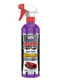 LUCAS Slick Mist Ceramic Speed Wax 24oz bottle, automotive chemical spray for a glossy finish and protection on vehicle surfaces.