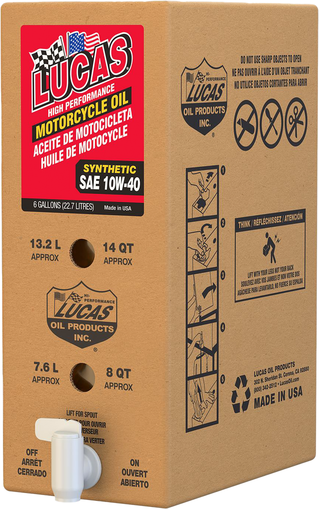 LUCAS Synthetic High Performance Oil 10W40 in a 6-gallon Bib container, automotive engine oil, high-quality chemical product
