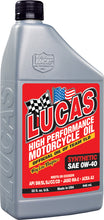 Load image into Gallery viewer, LUCAS Synthetic HP Oil 0W40 4T motorcycle engine oil in a 1-quart bottle, part of a 6-case pack, suitable for high-performance engines.