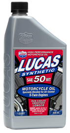 LUCAS Synthetic HP Oil 50W 4T motorcycle engine oil, 1 quart bottle, part of a 6-case pack, suitable for 4-stroke engines.