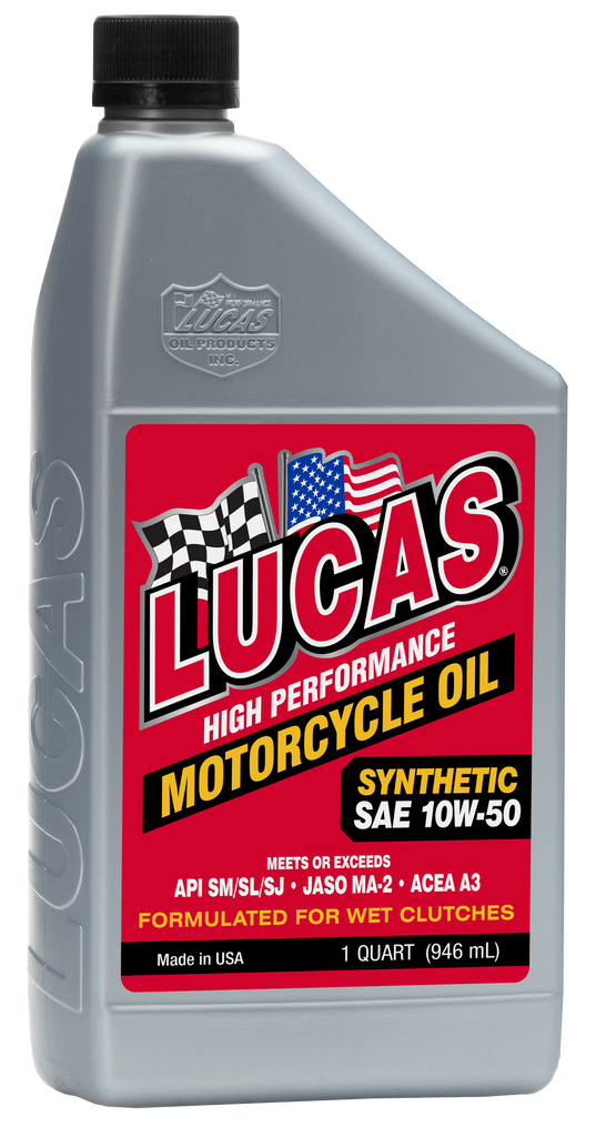 LUCAS Synthetic HP Oil 10W50 4T motorcycle oil in a 1-quart bottle, part of a 6-pack, for engine lubrication and performance.