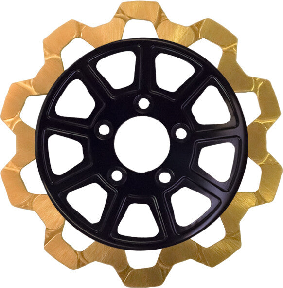 Lyndall Racing 9 Spoke Bow Tie brake rotors for Harley Davidson models, featuring gold finish and detailed spoke design.