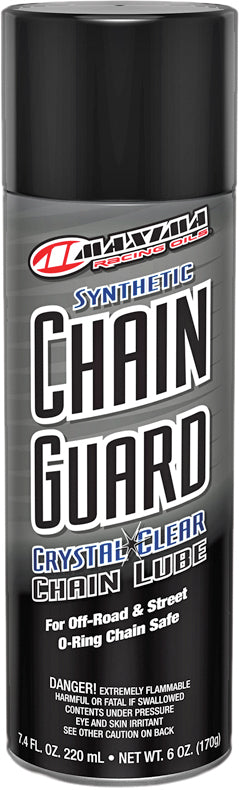 Maxima Chain Guard 6oz bottle, a chemical lubricant for motorcycle chains, with Maxima branding and product label visible.