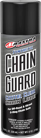 Maxima Chain Guard 6oz bottle, a chemical lubricant for motorcycle chains, with Maxima branding and product label visible.