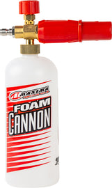 Maxima Foam Cannon 78-9989 attached to a pressure washer, used for applying foam cleaning chemicals for car detailing.