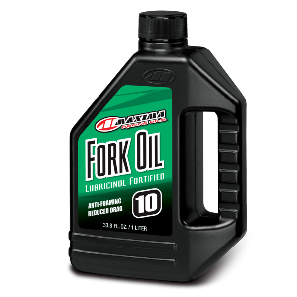 Maxima Fork Oil 10W in a 1-liter container, designed for motorcycle suspension forks, made by Maxima Chemicals.