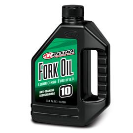 Maxima Fork Oil 10W in a 1-liter container, designed for motorcycle suspension forks, made by Maxima Chemicals.