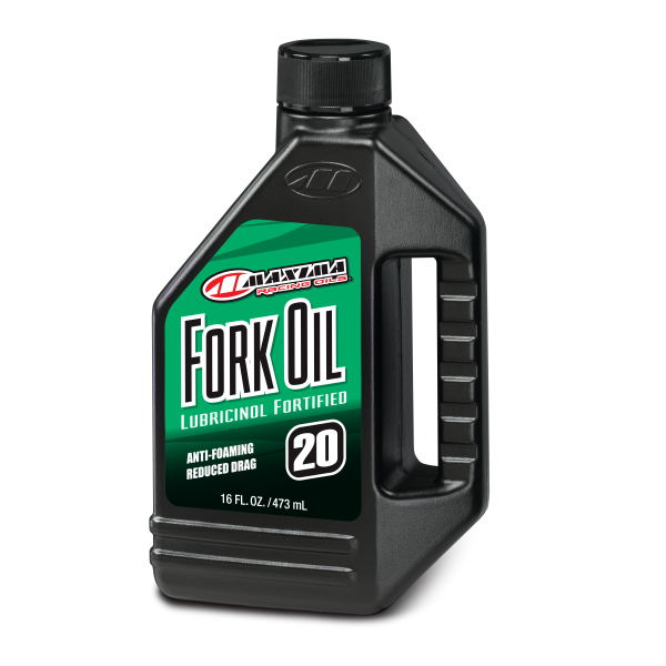 Maxima Fork Oil 20W, 16oz bottle, motorcycle suspension lubricant, designed for smooth fork performance and shock absorption.