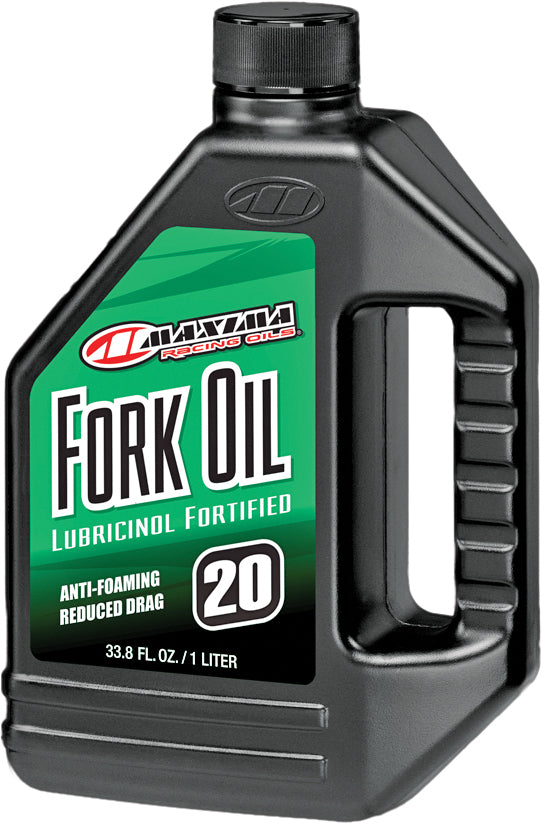 Maxima Fork Oil 20W in a 1-liter container, suitable for motorcycle suspension, with Maxima branding on the label.