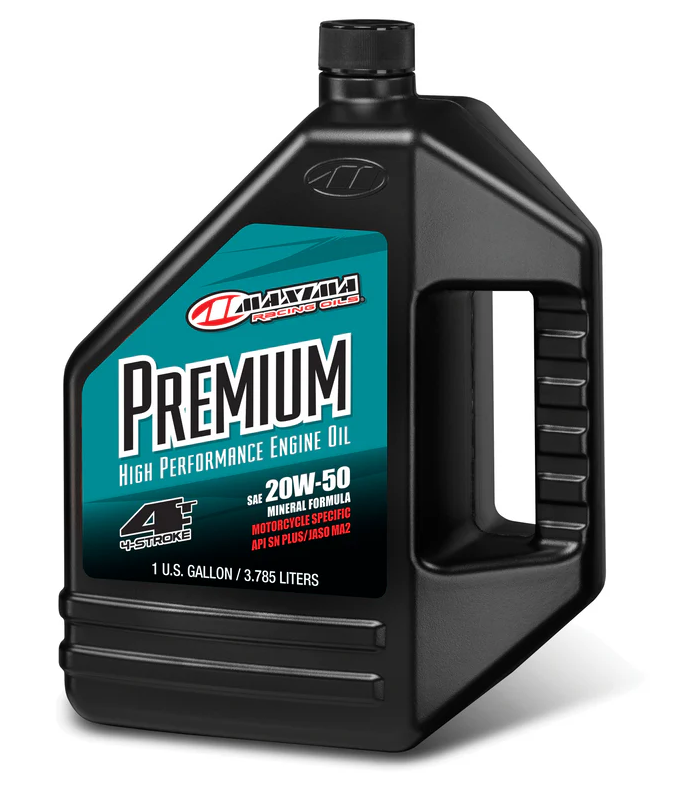 Maxima Premium 4T 20W50 motorcycle engine oil in a 1-gallon container, part of a 4-case pack, for high-performance engine lubrication.