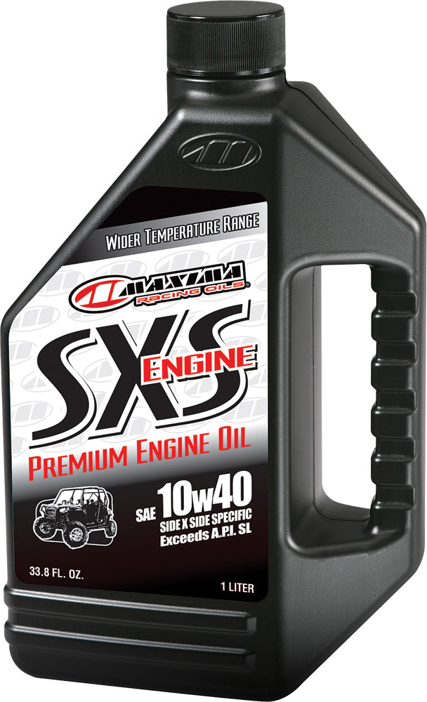 Maxima SXS Premium Engine Oil 10W40 container, 1-gallon size, ideal for motorcycle engines, with Maxima branding and chemical labeling.