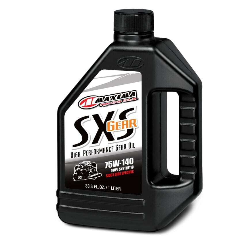 Maxima SXS Synthetic Gear Oil 75W140 in 1L bottle, shown with 12-pack case, ideal for vehicle transmission lubrication.