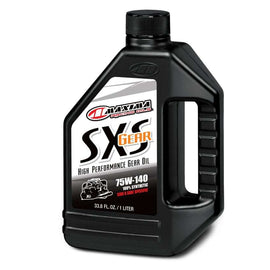 Maxima SXS Synthetic Gear Oil 75W140 in 1L bottle, shown with 12-pack case, ideal for vehicle transmission lubrication.