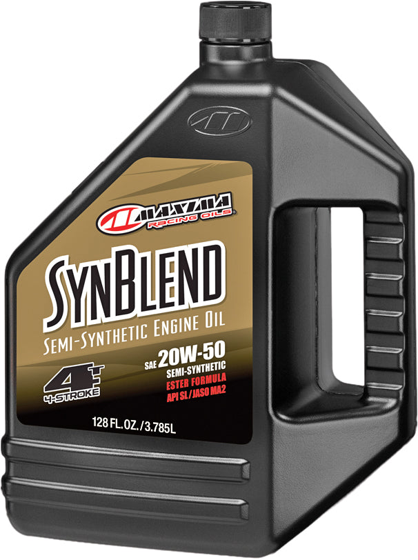 Maxima Synthetic Blend Motor Oil 4T 20W50 in a 1-gallon container, suitable for motorcycle engines, with labeling visible.