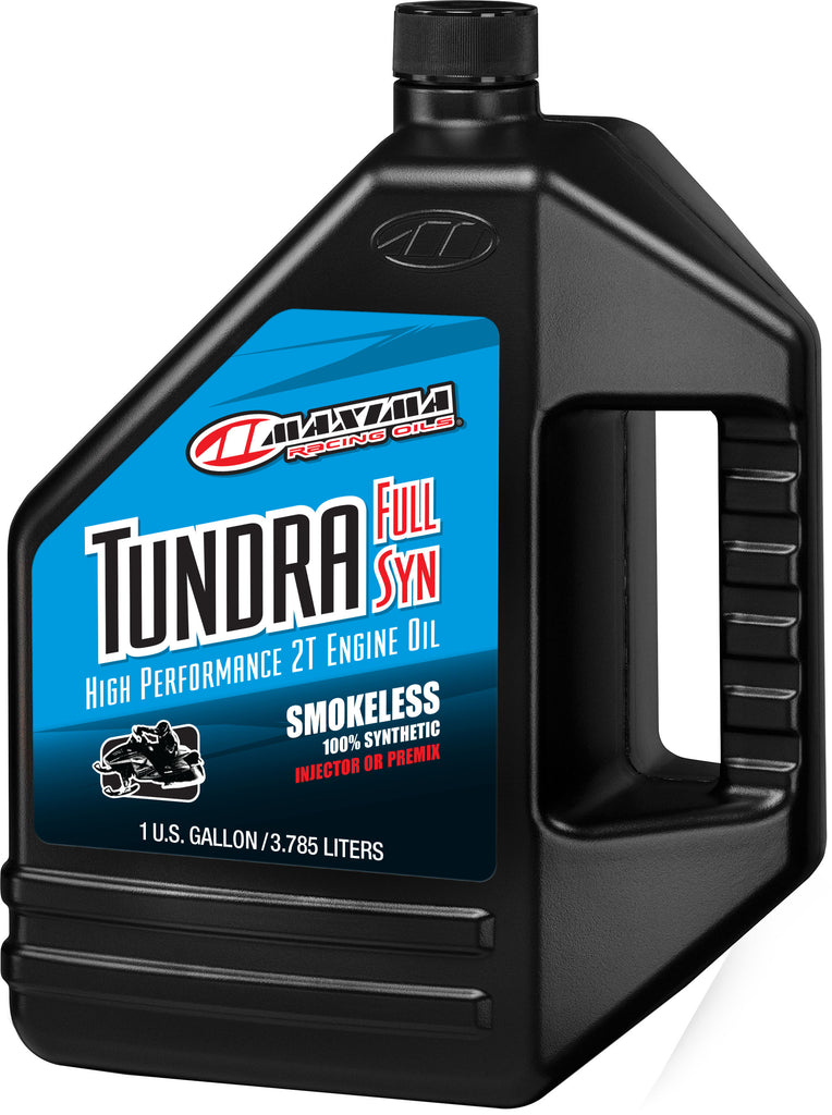 Maxima Tundra Snow Full Synthetic 2T Oil bottle, 1-gallon size, shown in a case of four for motorcycle or snowmobile engine lubrication.