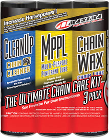 Maxima Ultimate Chain Wax Care Kit with three bottles of chain wax and lubricant for motorcycle chains.